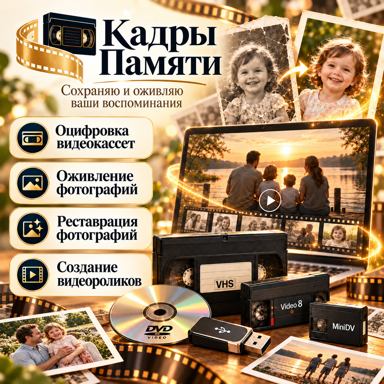 Кадры памяти. Сохраняю и оживляю ваши воспоминания. Оцифровка видеокассет, оживление и реставрация фотографий, создание видеороликов